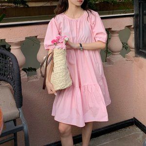 Loose round neck dress puff sleeve doll skirt laye